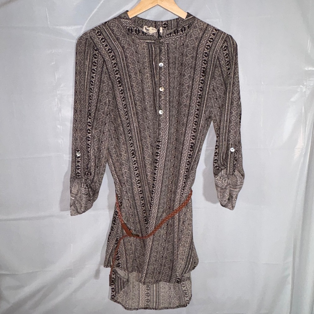 About A Girl Women Tribal Geometric Print Tunic Dress Black Ivory Belted M NWT